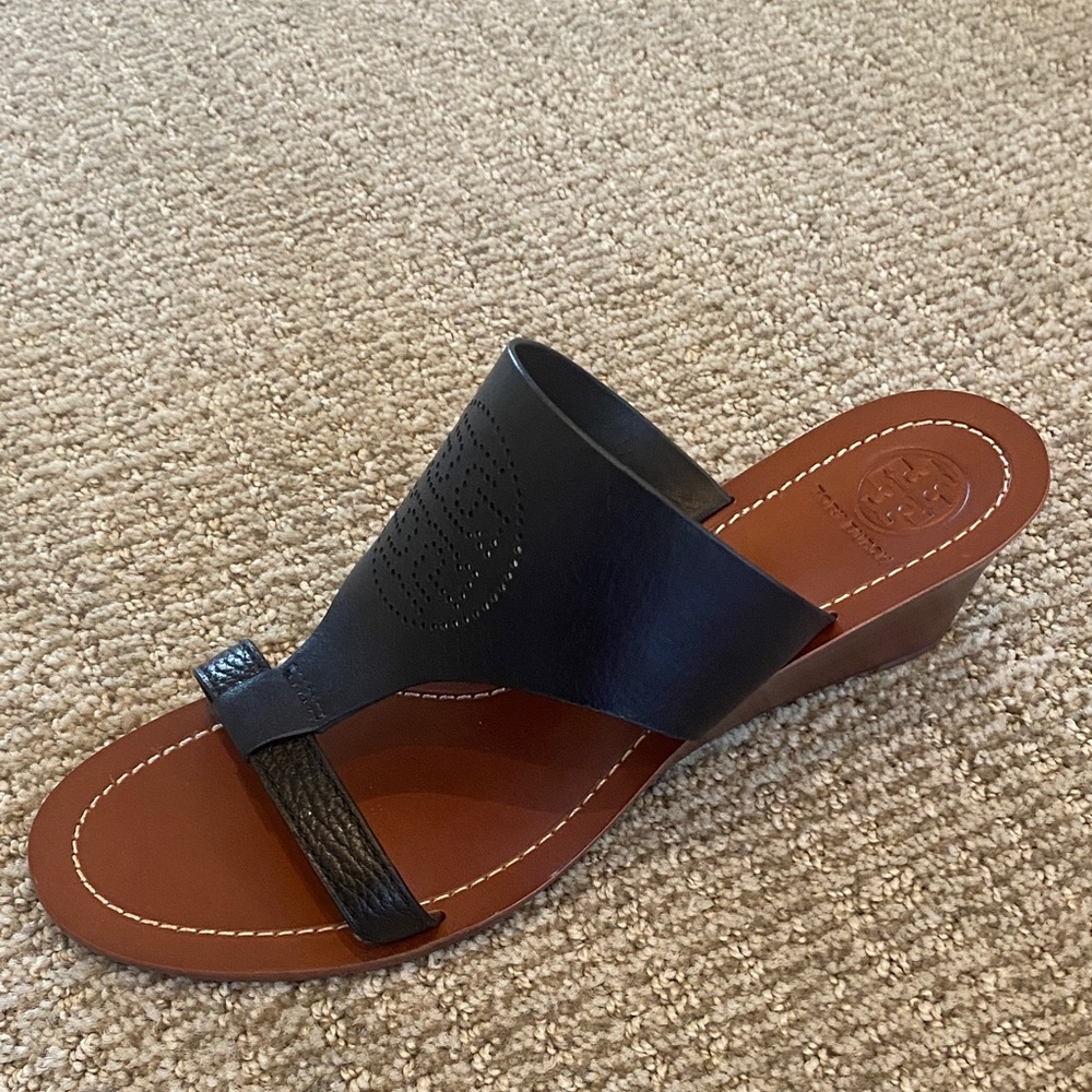 Tory Burch Black and Brown Wedge Sandals
